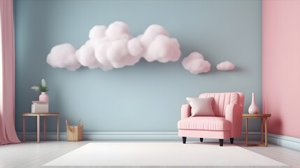 Soft cloud in the room.Romantic product display background. Minimal mockup template. Generative AI