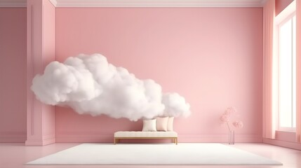 Soft cloud in the room.Romantic product display background. Minimal mockup template. Generative AI