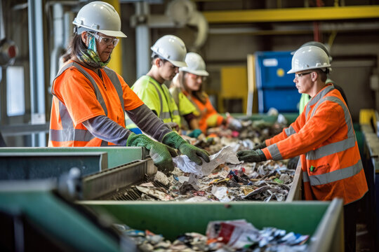 Workers sorting trash on conveyor belt, organizing trash to be recycled. Generative AI