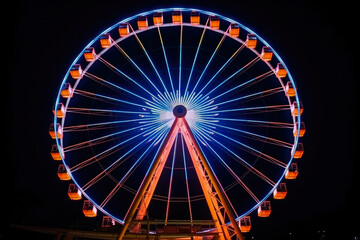 Ferris wheel ride glowing in the dark in an amusement park, fairground rides on outdoor area, entertainment activity. Generative AI
