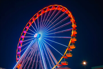Ferris wheel ride glowing in the dark in an amusement park, fairground rides on outdoor area, entertainment activity. Generative AI