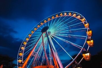 Ferris wheel ride glowing in the dark in an amusement park, fairground rides on outdoor area, entertainment activity. Generative AI