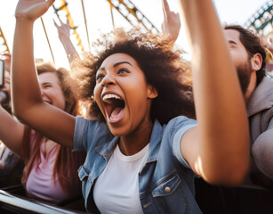 Obraz premium People cheering and enjoying a roller coaster ride at the amusement park with sunset in the background. Generative AI
