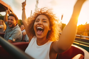 People cheering and enjoying a roller coaster ride at the amusement park with sunset in the background. Generative AI