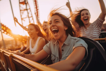 People cheering and enjoying a roller coaster ride at the amusement park with sunset in the background. Generative AI - obrazy, fototapety, plakaty