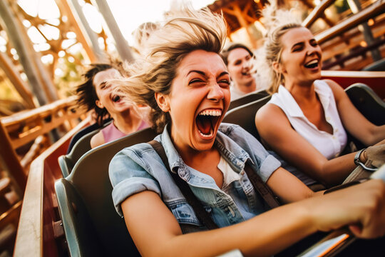 People cheering and enjoying a roller coaster ride at the amusement park with sunset in the background. Generative AI