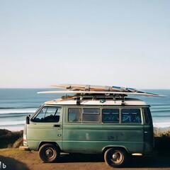 Vintage Retro Car Bus Camper Van with Surfboards Strapped to the Roof Rack Parked with View of the Ocean Tropical Beach Seaside in Background, Leisure Trip, Endless Summer Time Travel Vacation