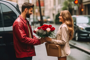 Handsome man giving a bouquet of flowers to a beautiful woman smiling. Generative AI