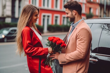 Handsome man giving a bouquet of flowers to a beautiful woman smiling. Generative AI