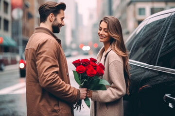 Handsome man giving a bouquet of flowers to a beautiful woman smiling. Generative AI