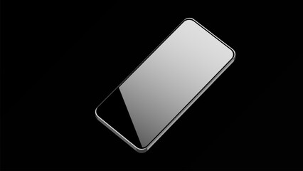 Glossy smartphone with reflection and a white screen on a black background. Mobile phone mockup.