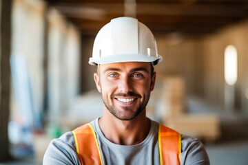 Portrait of handsome young positive male builder smiling with his helmet on the head. Generative AI