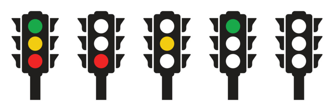 Traffic lights icon set. Stoplight. Colored traffic light collection in flat style