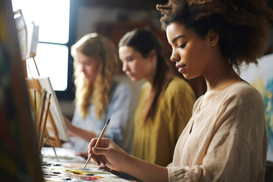 Multiracial art students painting in art class, creating art. Generative AI
