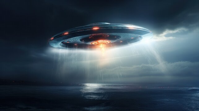 An alien spaceship flying over the ocean. Unidentified flying object (UFO), or unexplained anomalous phenomenon (UAP).