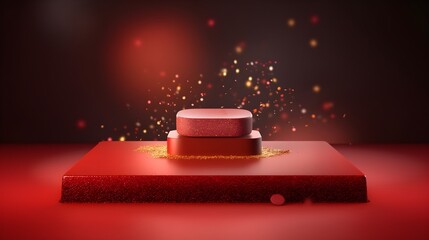 Empty pedestal with golden confetti, red background. Modern product display design. Luxury mockup template. Generative AI