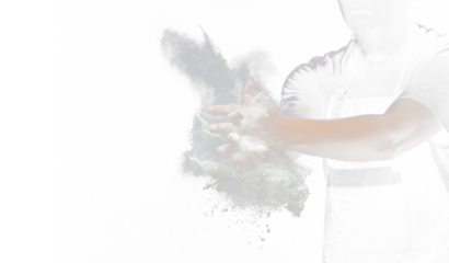 Chef prepare white flour dust for cooking bakery food. Elderly man Chef clap hand, white flour dust explode fly in air. Flour stop motion in air with freeze high speed shutter, black background