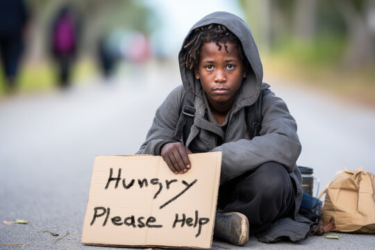 Homeless kid, hunger, cardboard sign, poverty, black kid, hungry children in the streets, inequality concept, begging