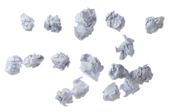Crumpled paper ball is symbol of frustration discarded ideas, isolated white background. Crumpled paper ball write creative process, problem-solving, potential innovation. Many recycle paper angle