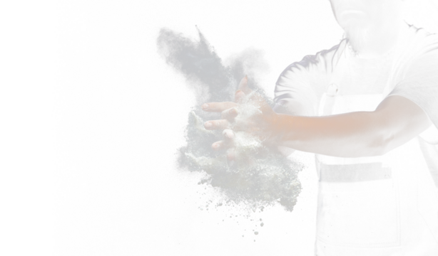 Chef prepare white flour dust for cooking bakery food. Elderly man Chef clap hand, white flour dust explode fly in air. Flour stop motion in air with freeze high speed shutter, black background