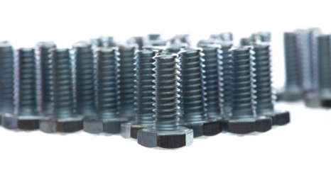 Metal Bolt for industry and Repair, stand on group. Silver bolt to joint nut machine component. Gray bolt use in locking nut washer. White background isolated