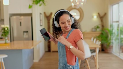 Home, dance and woman with a smartphone, headphones and listening to music with stress relief, happiness and joy. Female person, dancer and girl with headset, cellphone or streaming audio with sounds