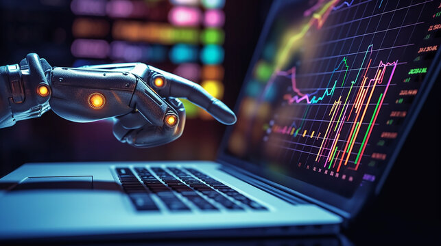 A laptop with a robot hand trading stocks