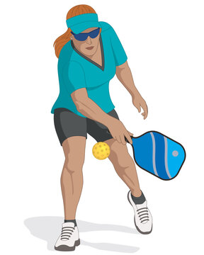 pickleball sport female player holding paddle hitting ball isolated on a white background