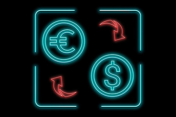 Money exchange neon sign. Red arrows, light blue euro and dollar symbols on black background