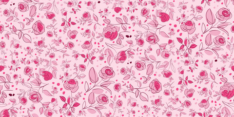 Seamless pattern purple bright pink flower Contemporary Liberty feminine botanical floral branch. Hand drawn wedding herb, minimalistic flowers with elegant leaves. Half drop repeat pattern.