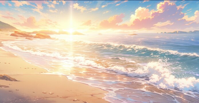 Anime Styled Beach With Bright Sunset 