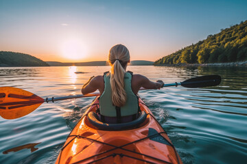 Woman Kayaking in the Ocean on Vacation - obrazy, fototapety, plakaty