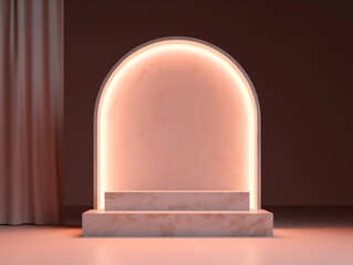 podium pedestal product display background in Marble natural pink and white shiny LED with texture and shadow, luxury, elegant, modern, minimal created with Generative AI