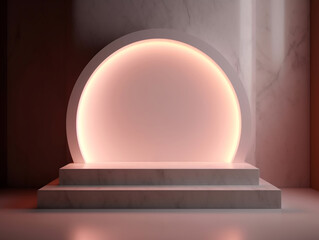 Fototapeta premium podium pedestal product display background in Marble natural pink and white shiny LED with texture and shadow, luxury, elegant, modern, minimal created with Generative AI