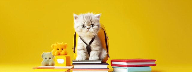 The concept of education and reading - a group of books with a cute kitten. celebrating a new school year. back-to-school. generative ai