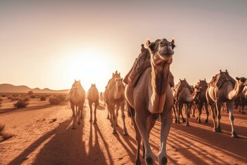 Camel caravan in the desert. Background with selective focus and copy space. AI generated, human enhanced - obrazy, fototapety, plakaty
