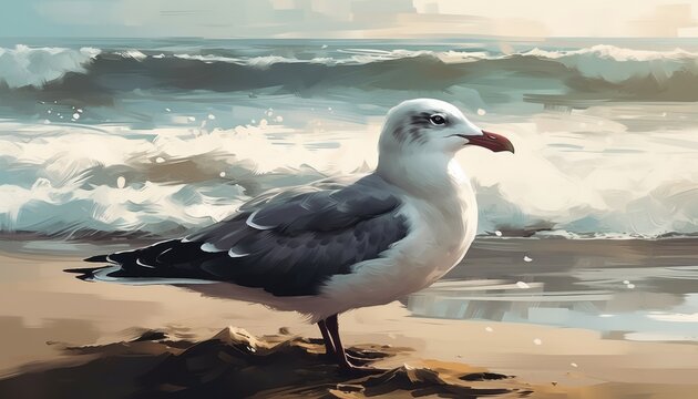 Bird on the Beach with Ocean Waves Crashing Behind the Scenes