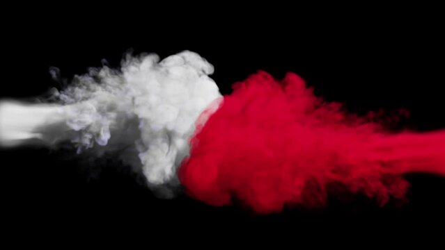 Puffs of white and red smoke collide against a black background. 3d illustration. 