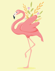 illustration of a pink flamingo. illustration of a flamingo. flamingo with flowers, vector illustration