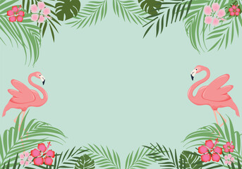 Fototapeta na wymiar birds flamingo and flowers. flamingo background