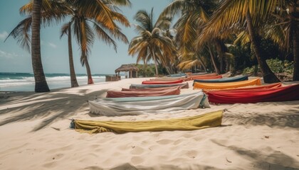 Fototapeta na wymiar Blankets and Towels on the Beach with Palm Trees