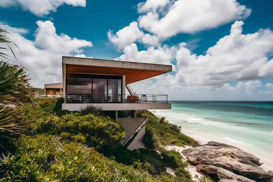 A Scenic View Of A Large House Situated At The Top Of A Hill Overlooking The Ocean