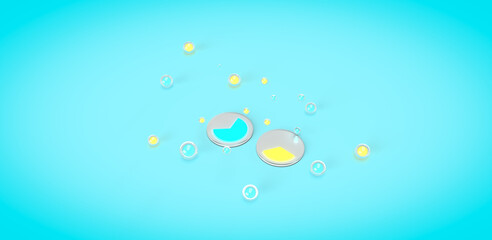 3d rendering glowing circles of analytics, dashboards. Illustration on the topic of work, business, calculations, statistics, data, analytics. Minimal style. Blue background.