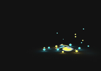 3d rendering glowing circles of analytics, dashboards. Illustration on the topic of work, business, calculations, statistics, data, analytics. Minimal style. Black background.
