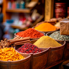 Obraz premium Spice shop in the eastern (oriental) market. Spices are poured into bowls and placed on the counter. AI