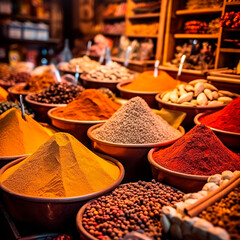 Spice shop in the eastern (oriental) market. Spices are poured into bowls and placed on the counter. AI