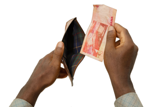 Black hands Holding brown wallet
With a single one Ghanaian cedi note, hand removing money out of wallet isolated on white background. no money concept