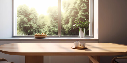 Wooden dining table blurred window copy space background, AI Generated