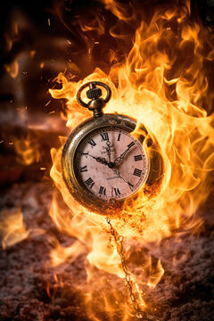 Clock on fire, time's burning end in fiery clock image