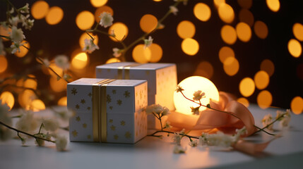Gift boxes with blooming branch on bokeh background. New year, mid autumn festival, celebration